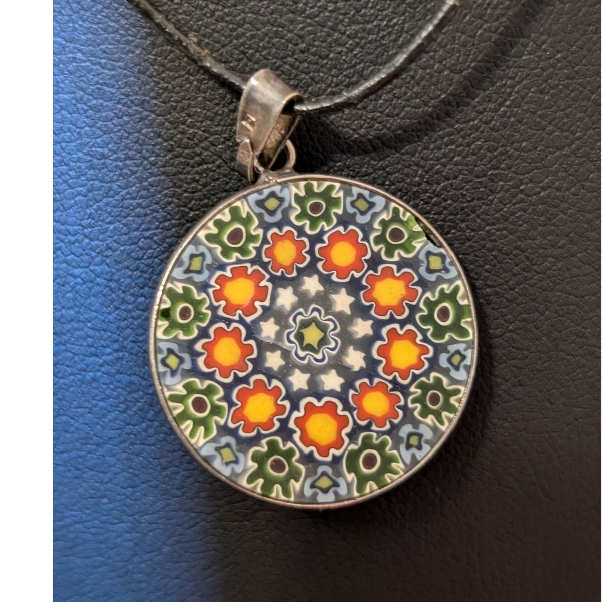 Vtg 925 Sterling Silver  16" Murano Art Glass Millefiori Pendant Cord Necklace