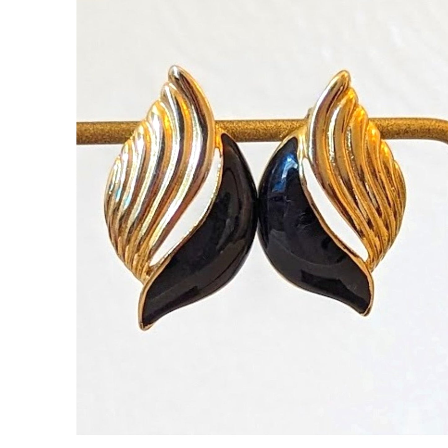 Vintage Black Enamel Gold Tone 'Flame' Post Earrings