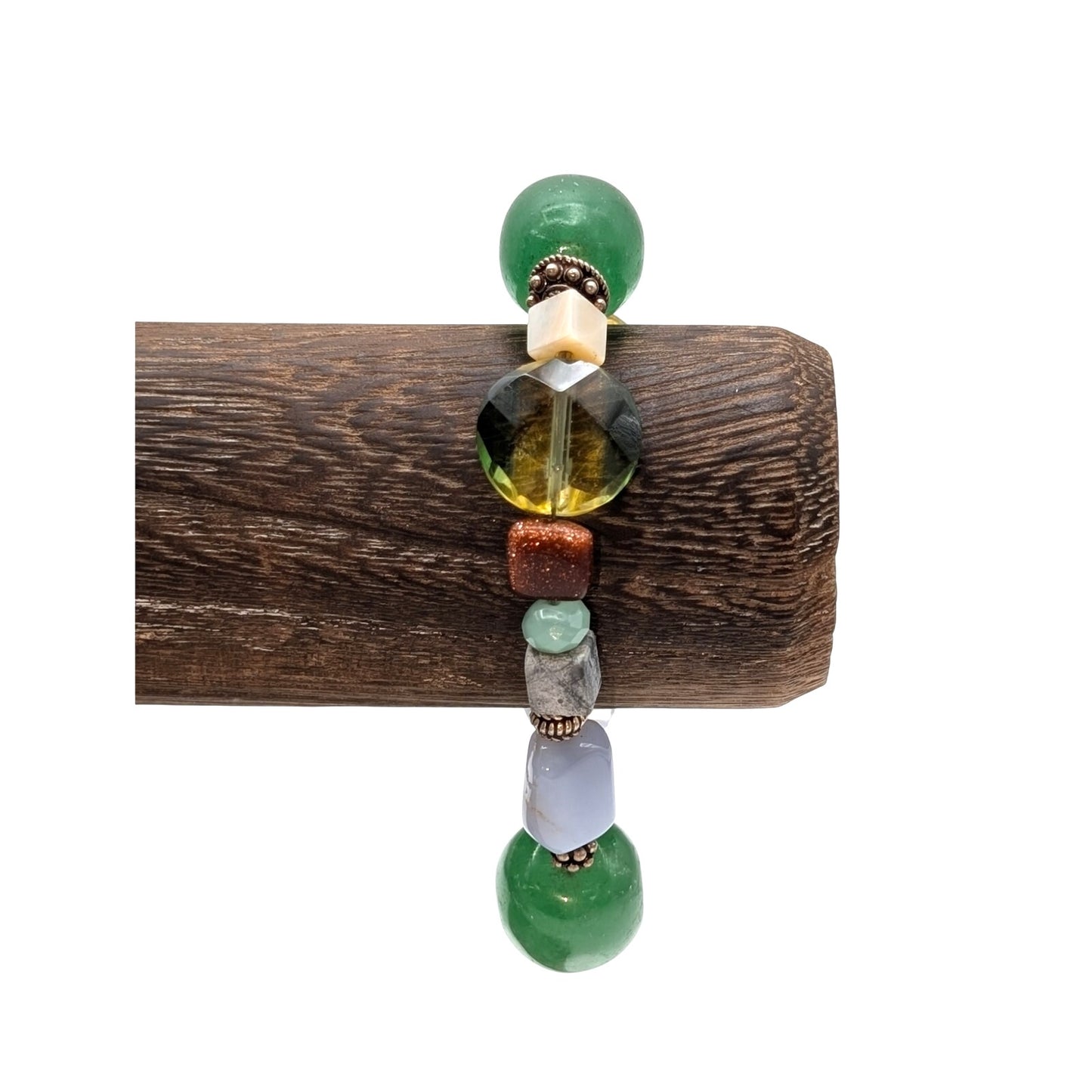 Vintage Green Glass & Crystal Agate Goldstone MOP Bead Silver Tone Bracelet