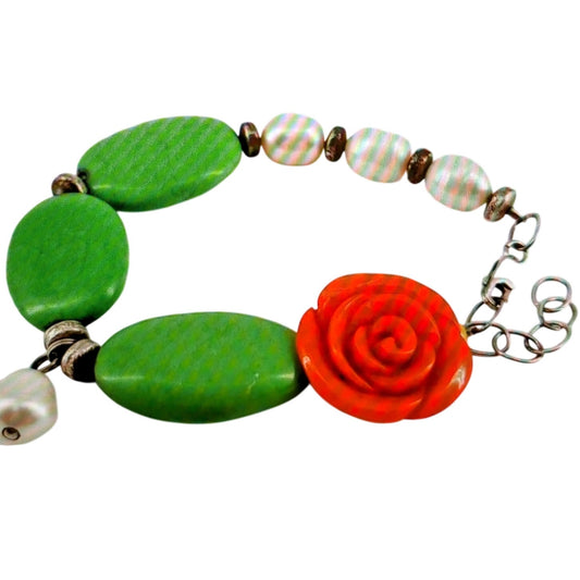 Sterling Silver Pearl, Coral Rose and Green Turquoise 8-9" Beaded Bracelet 36.2g