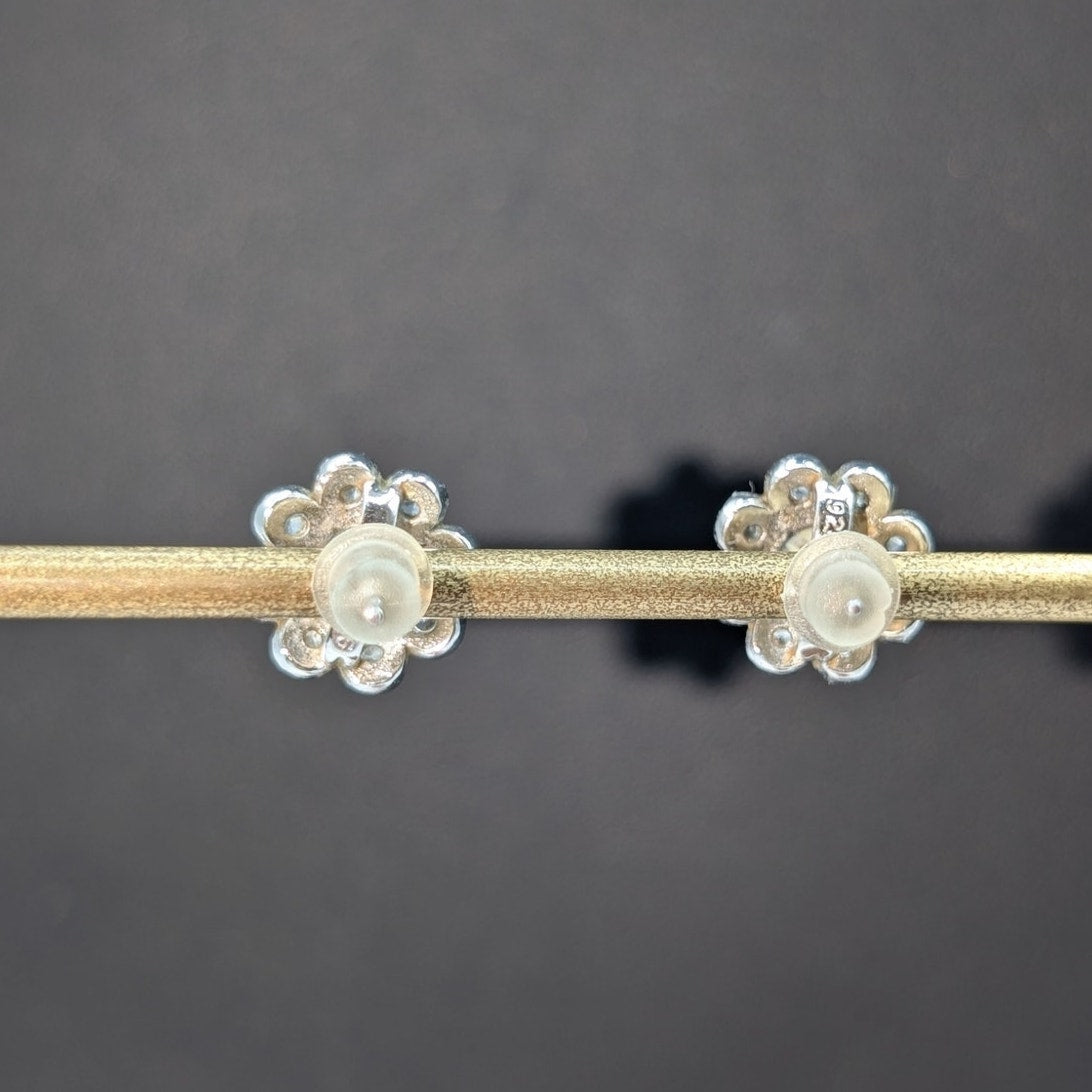 Vintage 925 Sterling Silver CZ Flower Stud Earrings