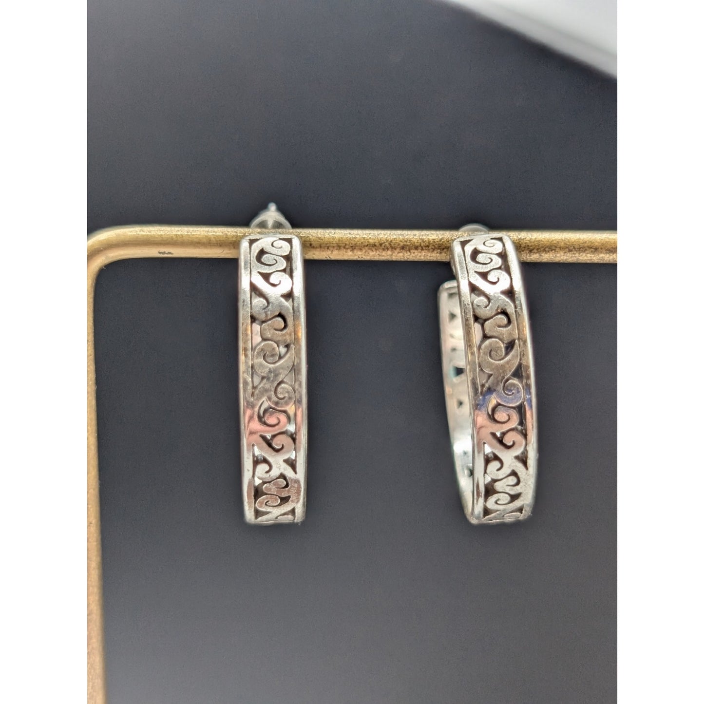 Silver Plated Cut Out Design 3/4 Hoop Earrings