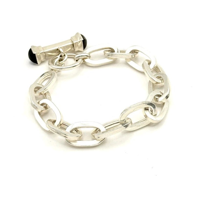 925 Italy Sterling Silver Onyx Toggle Oval Chain Link Bracelet 24.26g
