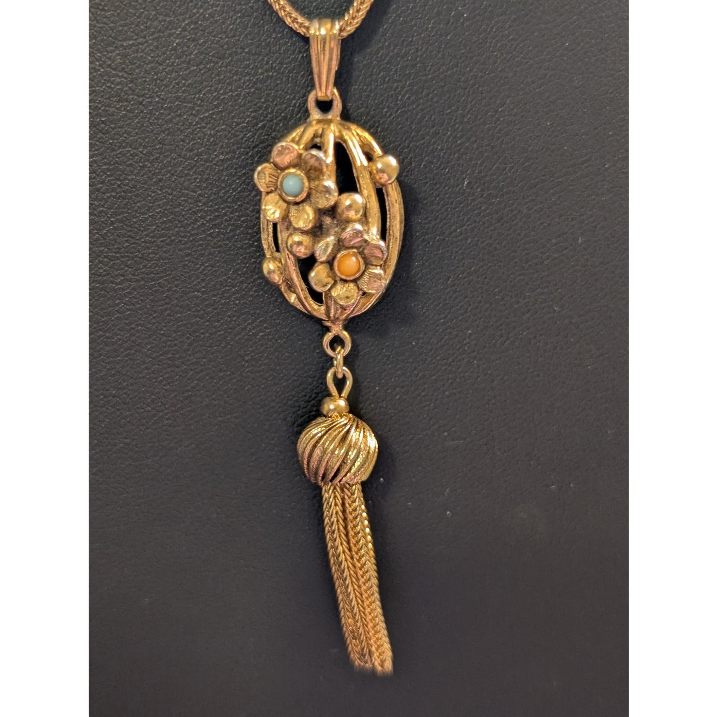 Vintage Gold Tone Cage Flower Tassel Pendant Gold Tone Chain Necklace
