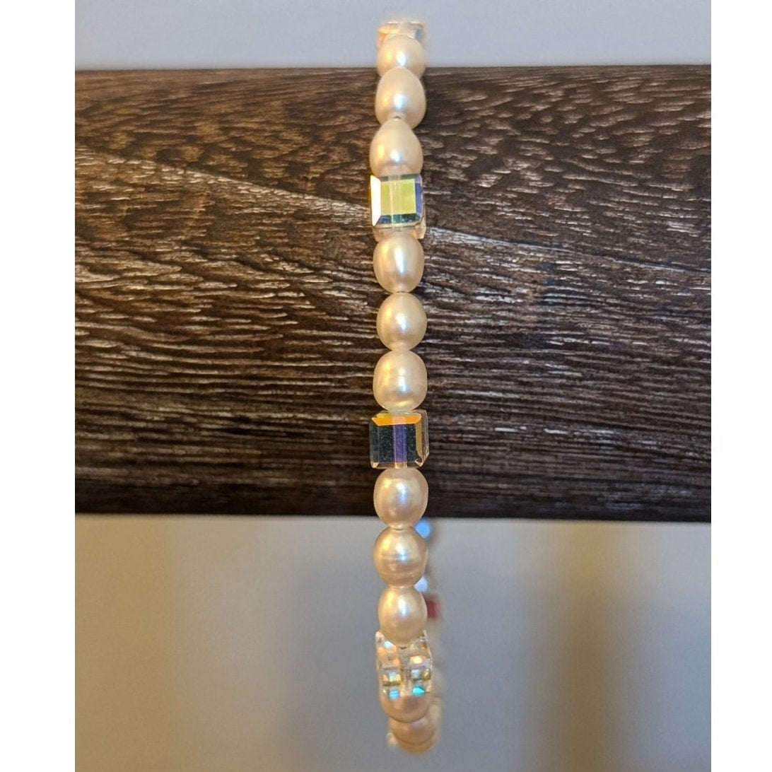 Freshwater Pearl Square Crystal 925 Sterling Silver Bracelet