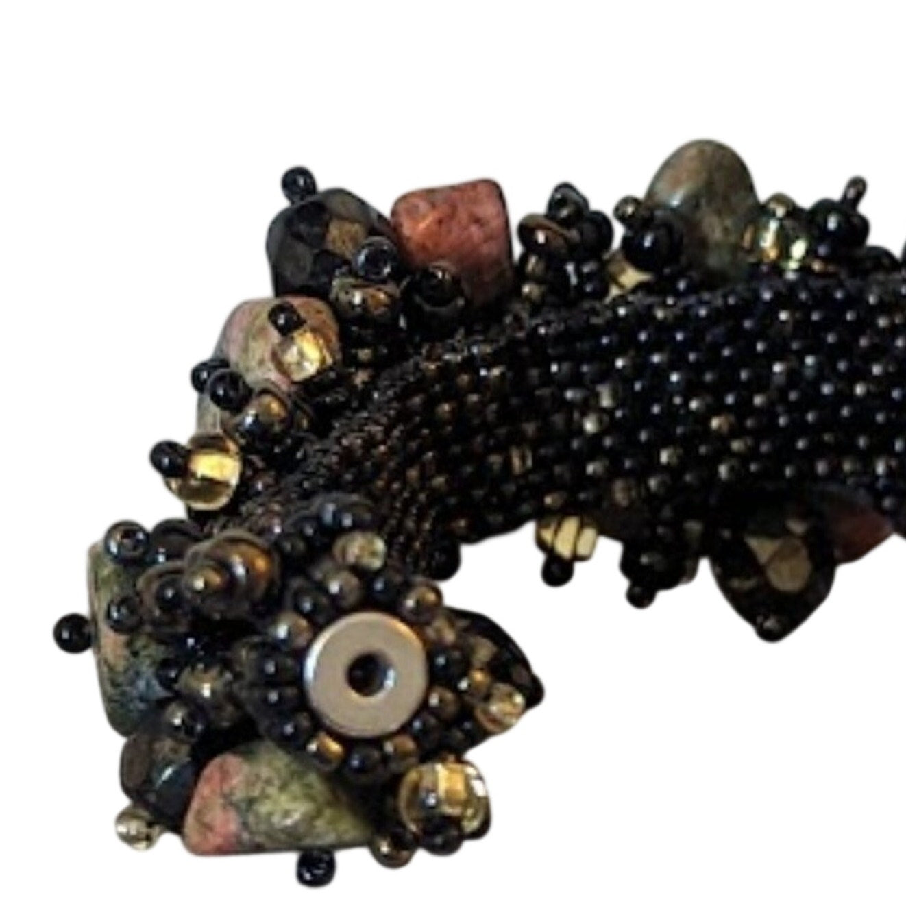 Artist Woven Seed Bead and Unakite Stone Chip Cuff Magnetic Closure Bracelet