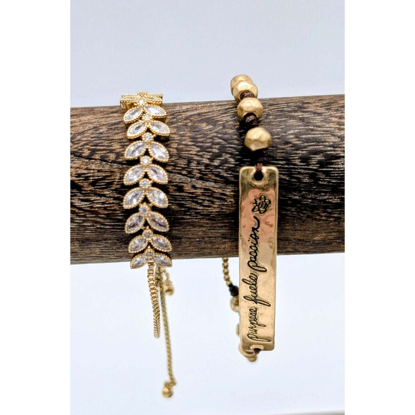 Lot of Two Gold Tone Pull Chain Bracelets --'Purpose Fuels Passion' & Rhinestone