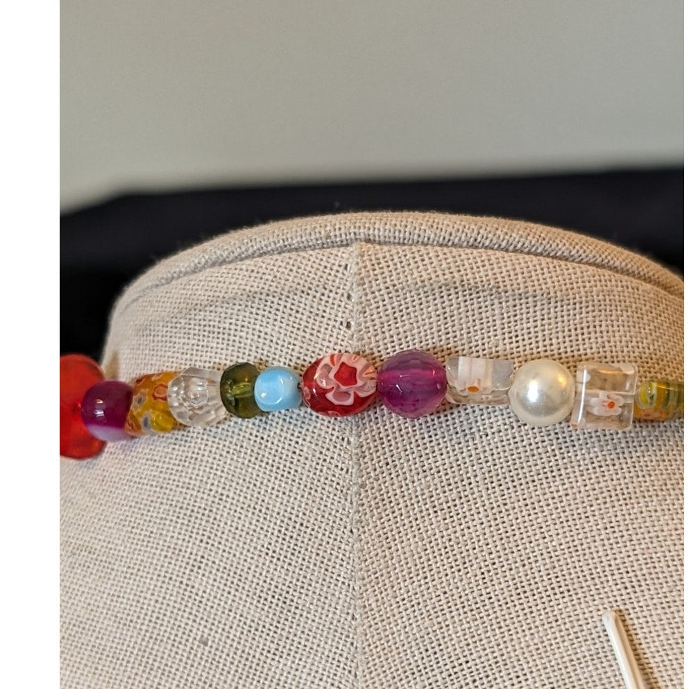 Millefiori Venetian & Murano Glass Bead Wrap Necklace W/ MOP Horn Pendant