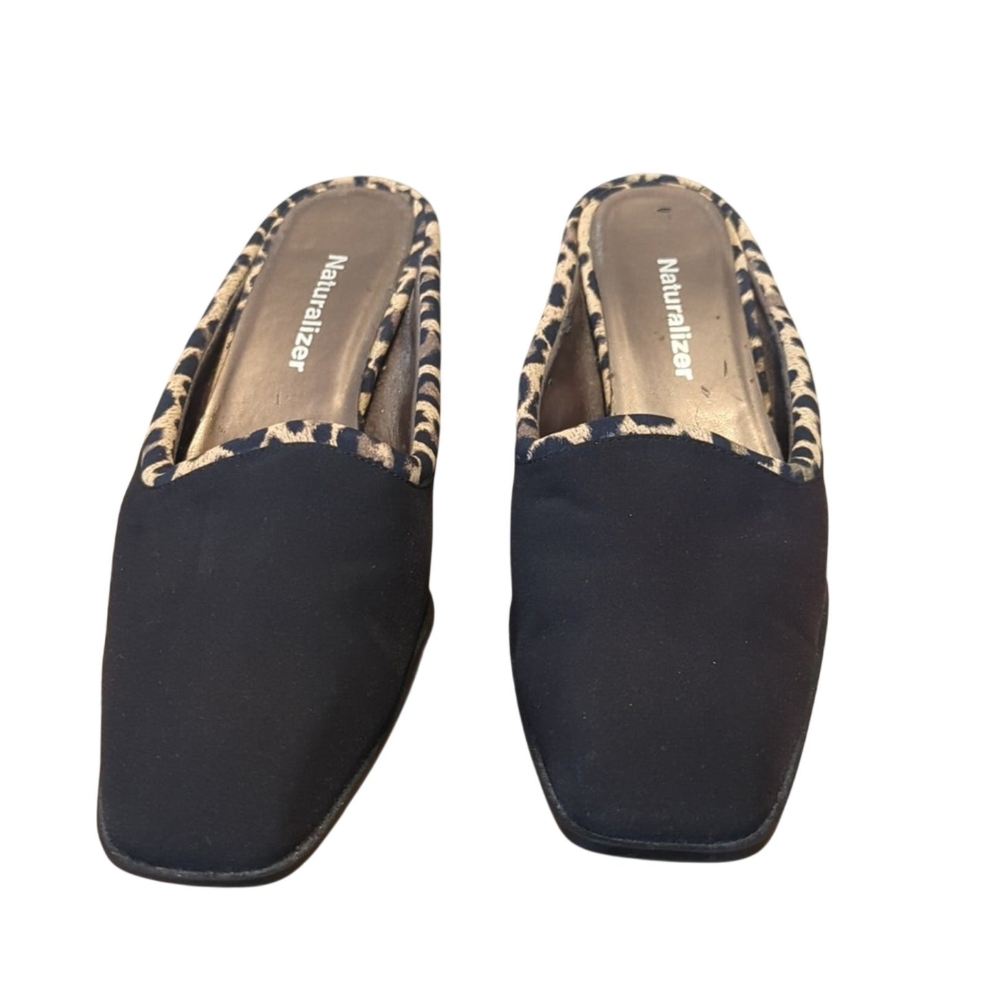 Naturalizer Black Fabric Mule w/ Animal Print Trim & Patent Leather Heels Sz 8.5
