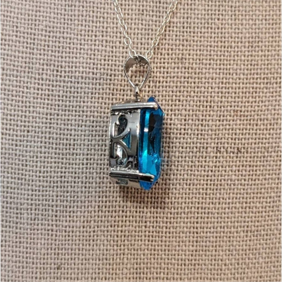 Large Simulated Swiss Blue Topaz Pendant on 925 Sterling 18" Chain