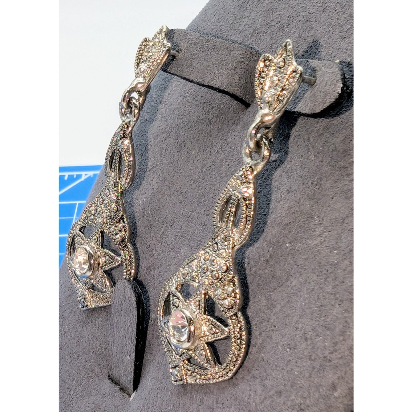 Silver Tone Deco Inspired Marcasite CZ Dangle Star Earrings