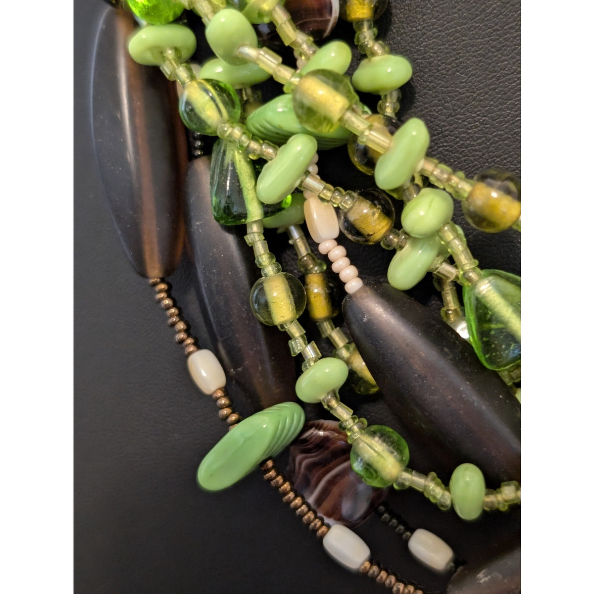 Spring Green Cream & Brown Glass Bead Multi-Strand Choker Necklace