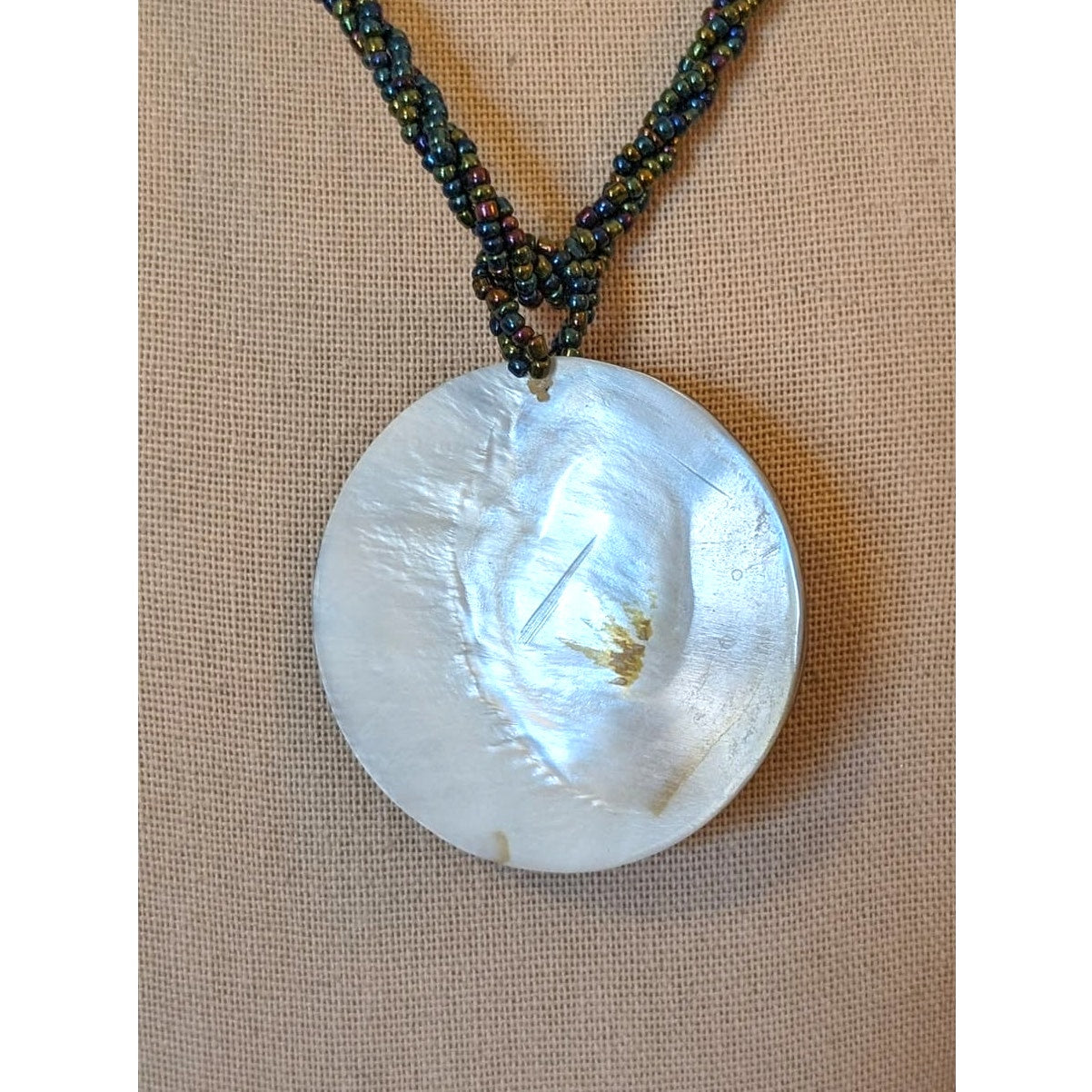 Abalone Shell Seed Bead Twisted Strand Button Clasp Necklace