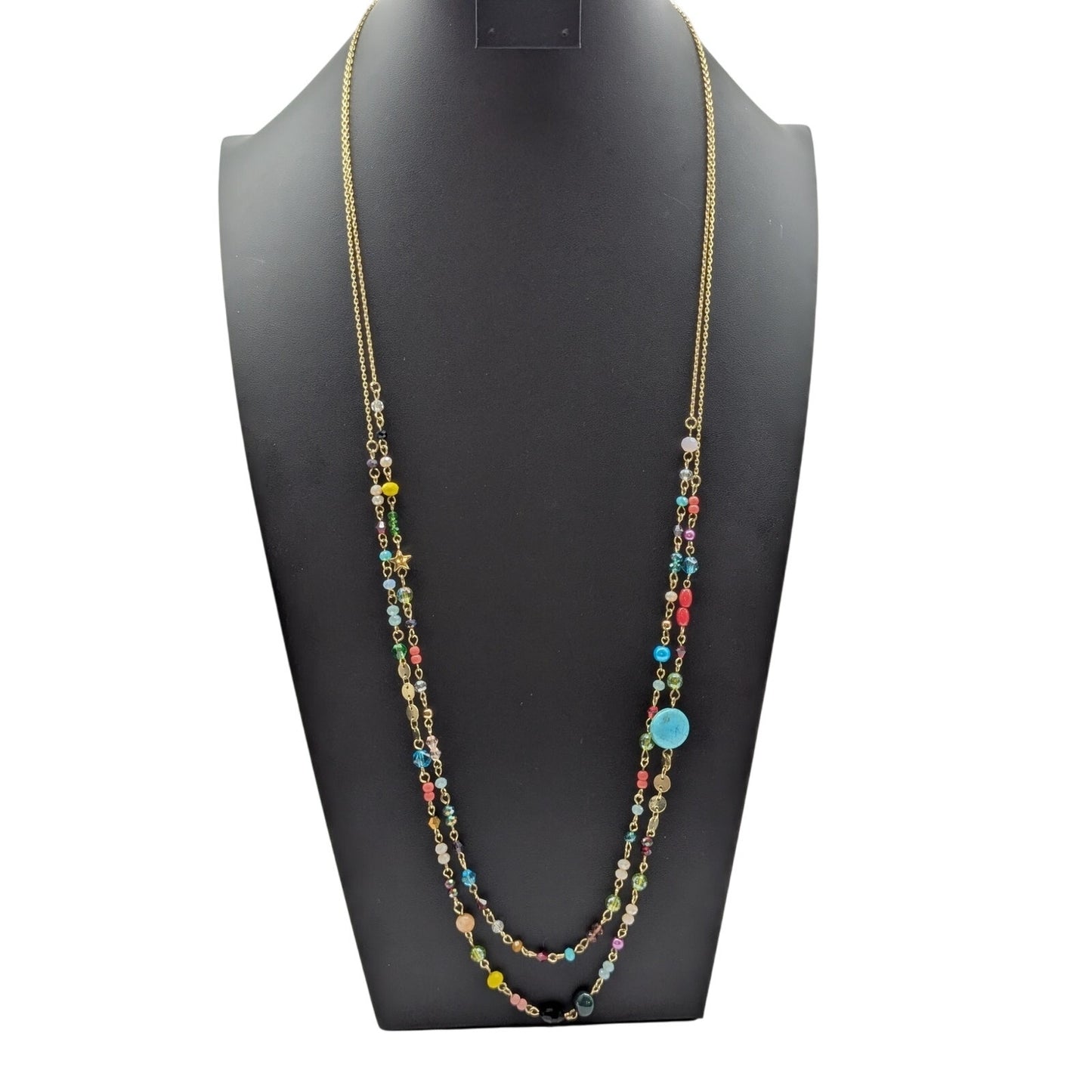 Plunder Double Strand Gold Tone Multi-Color Crystal Beaded Chain 31-34" Necklace