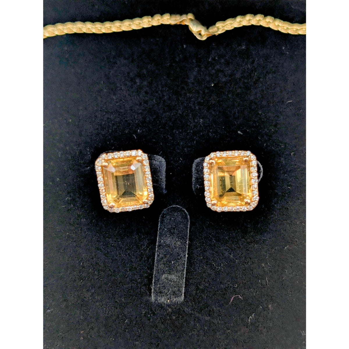 14K Yellow Gold Citrine & Diamond Necklace & Pierced Earring Jewelry Set 25.35g