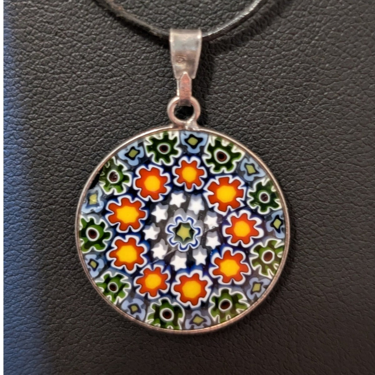 Vtg 925 Sterling Silver  16" Murano Art Glass Millefiori Pendant Cord Necklace