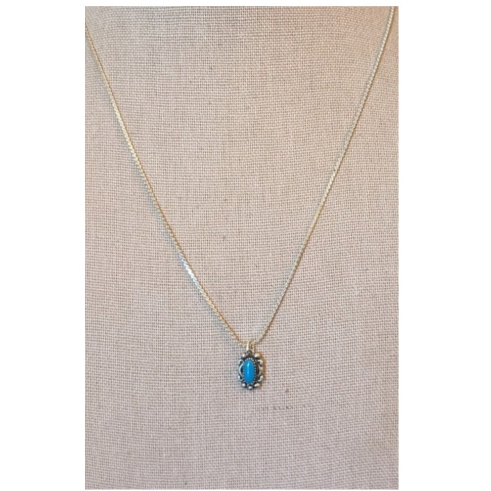 Vintage Petite Signed Sterling J Turquoise Pendant 18" Necklace