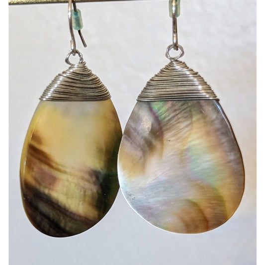 Abalone Mother of Pearl Teardrop Silver Wire Wrapped Earrings