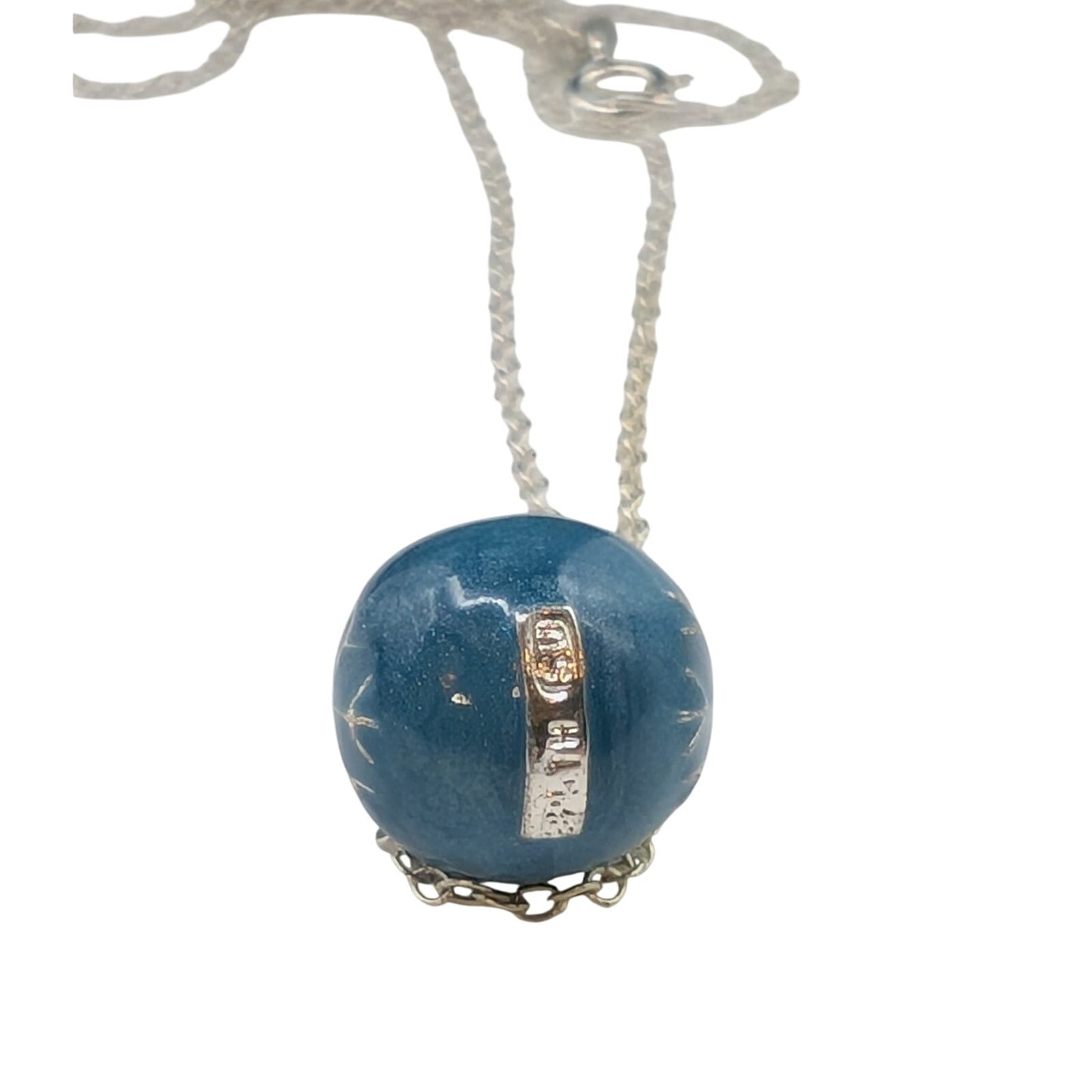 925 Sterling Silver Blue Glitter Glass Snowflake Bulb Pendant 18" Necklace