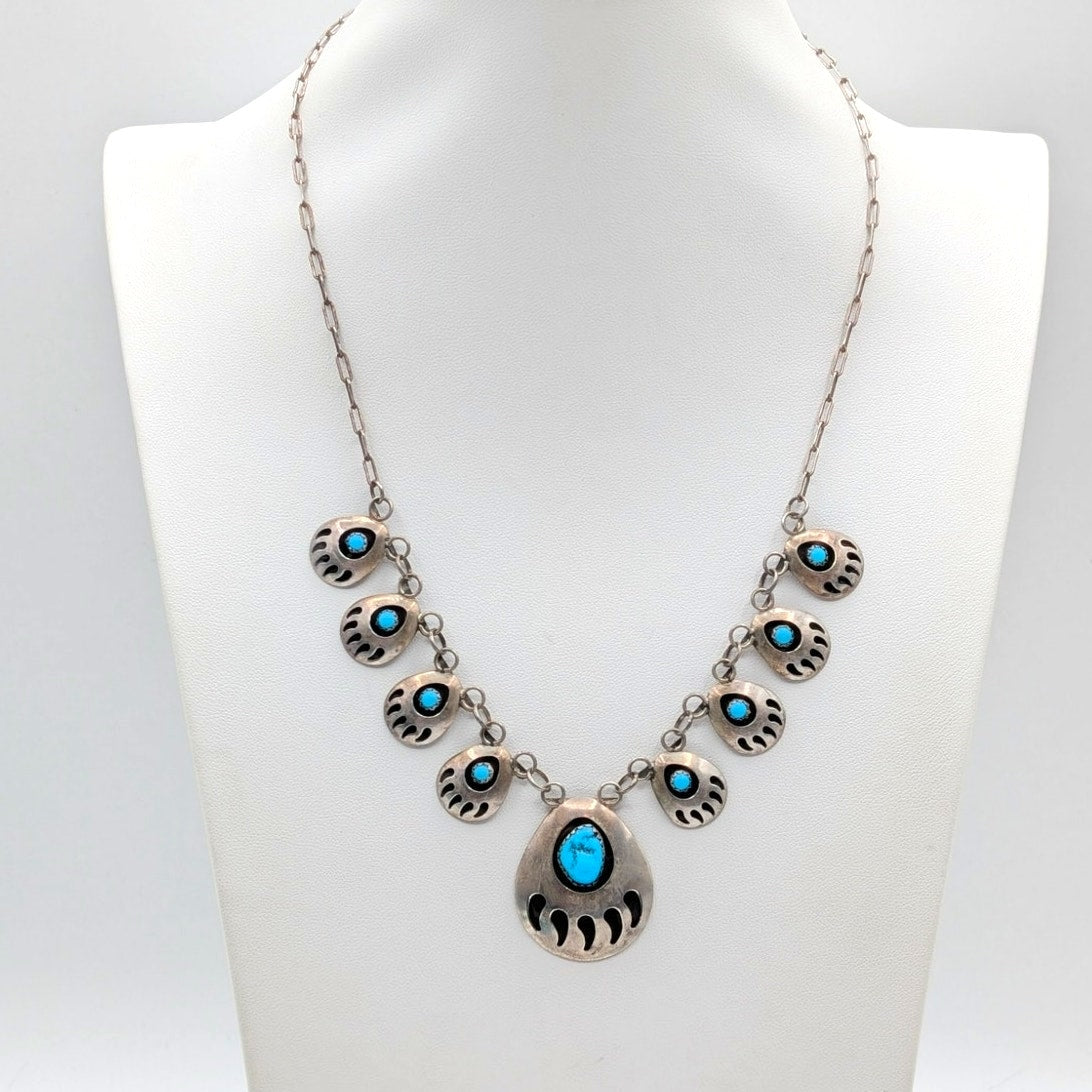 Vintage Navajo Signed SJ Sterling Silver Turquoise Bear Claw Chain 19" Necklace
