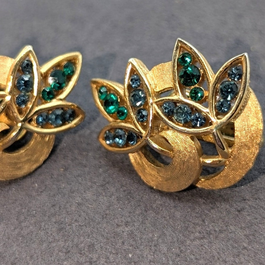 VTG Signed Crown Trifari Blue Green Rhinestone Leaf Brushed Gold Tone Earrings