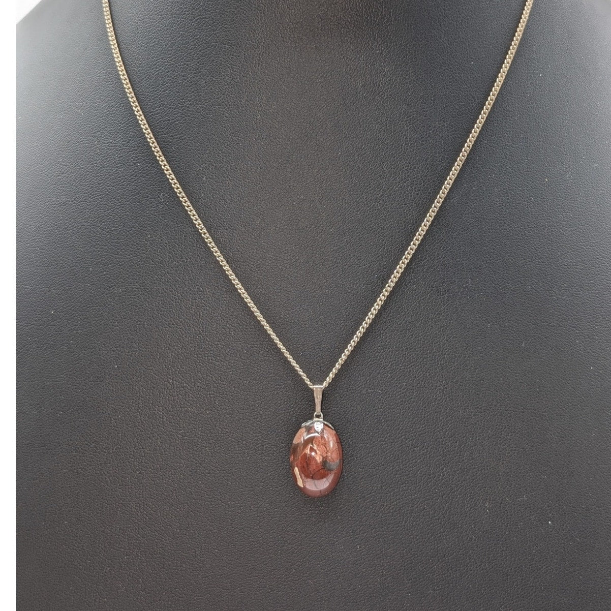 Vintage 925 Sterling Silver Jasper Cabochon Pendant 18" Necklace