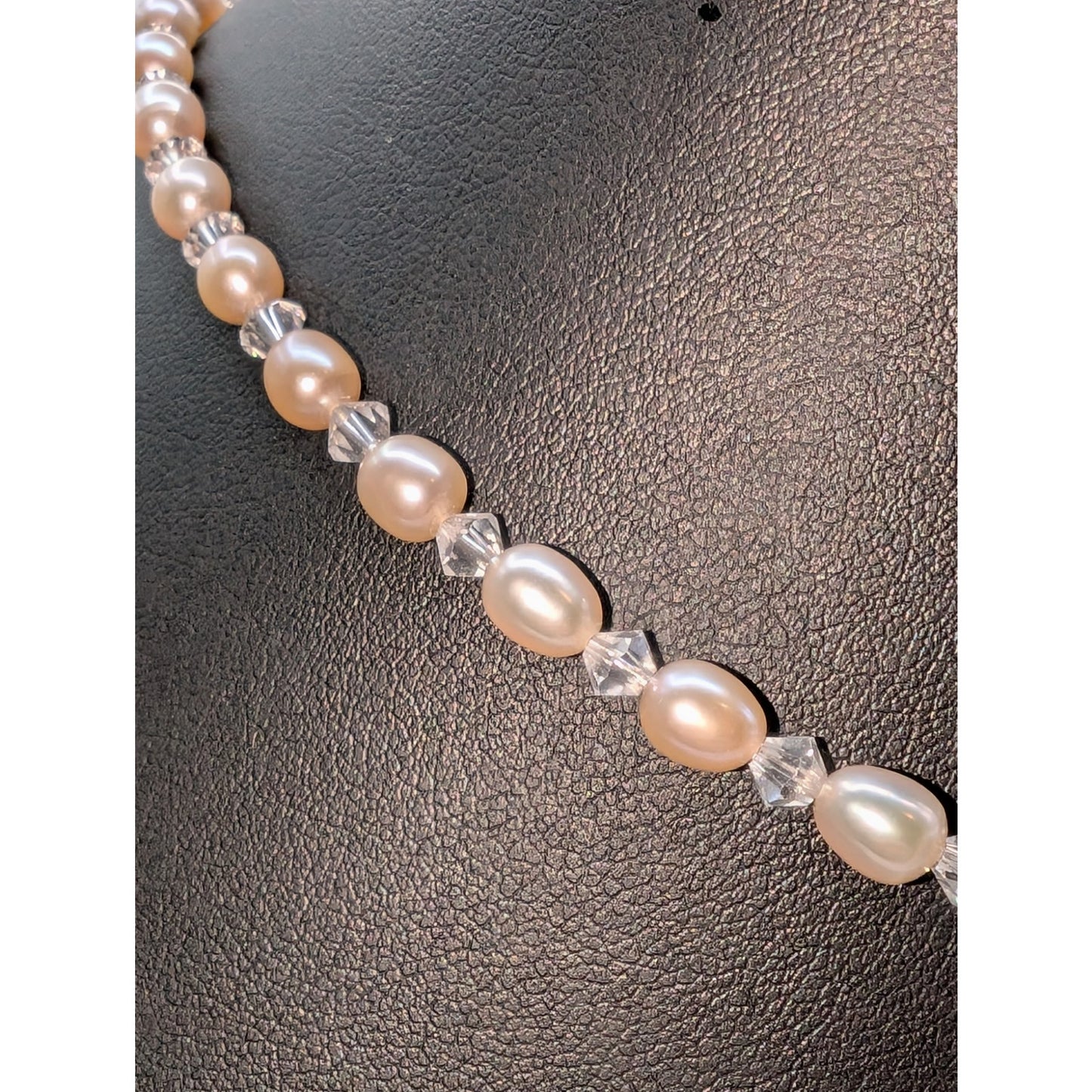 Pale Pink Freshwater Pearl Bicone Crystal Beaded 925 Sterling Silver Necklace