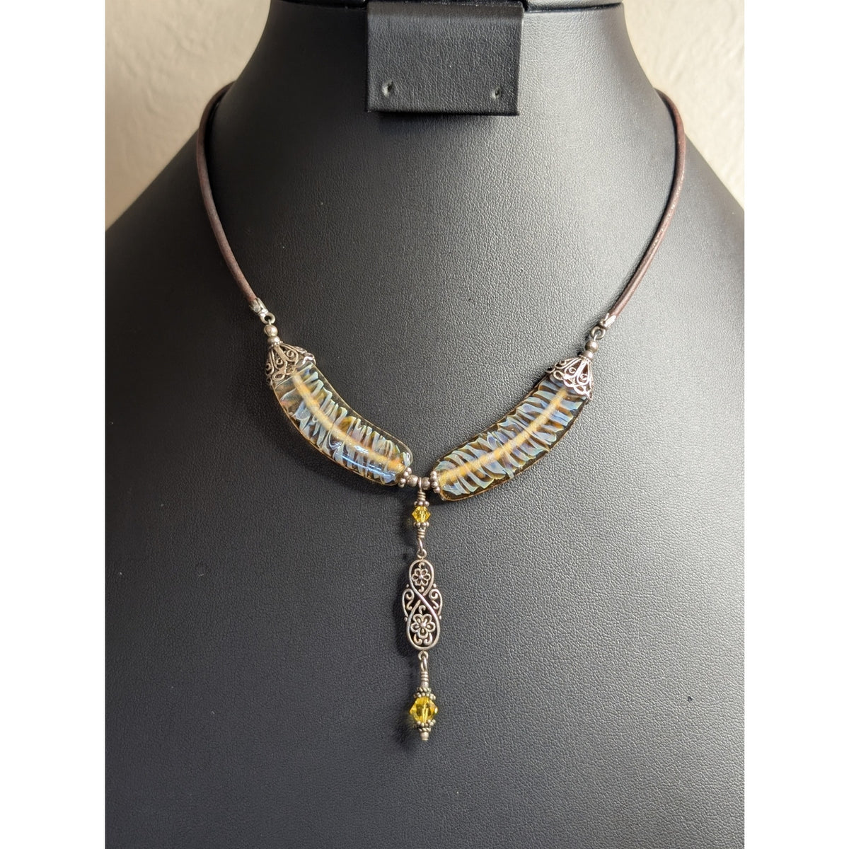 VTG Boho 925 Sterling Silver Fused Glass Crystal Dangle Leather Cord Necklace