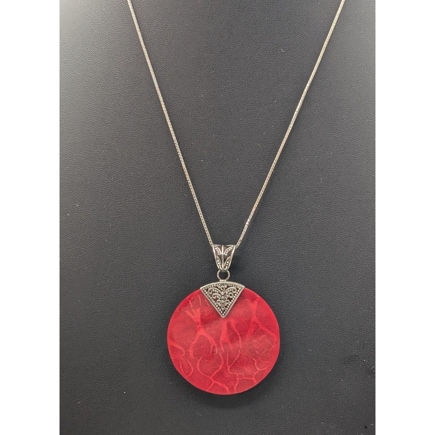 Vtg 925 Sterling Silver Bali Design Red Sponge Coral Pendant Box Chain Necklace