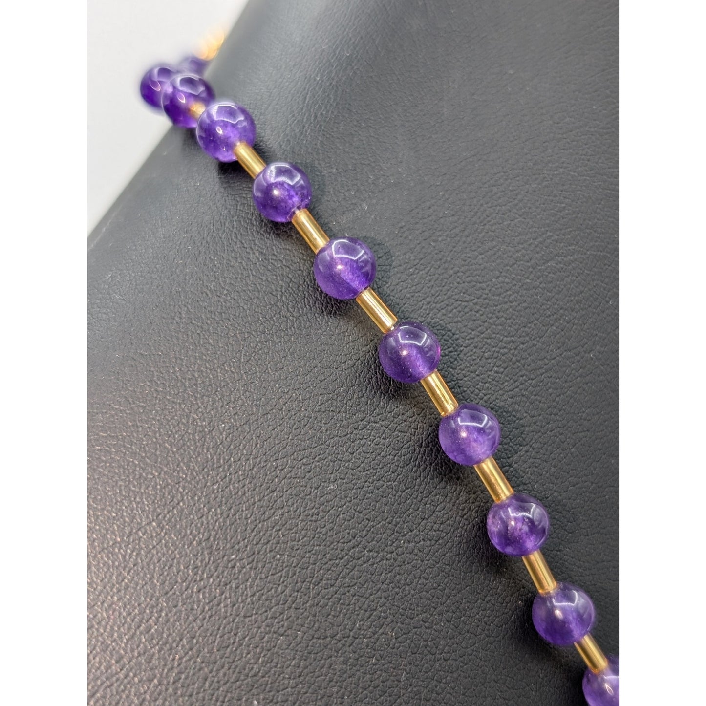 Amethyst Stone & Faceted Crystal Center Bead Gold Tone Toggle Clasp 28" Necklace