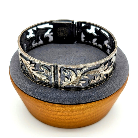 VTG Marked Hecho en Mexico Art Plat 925 Sterling  Cut Out Leaf Hinged Bracelet