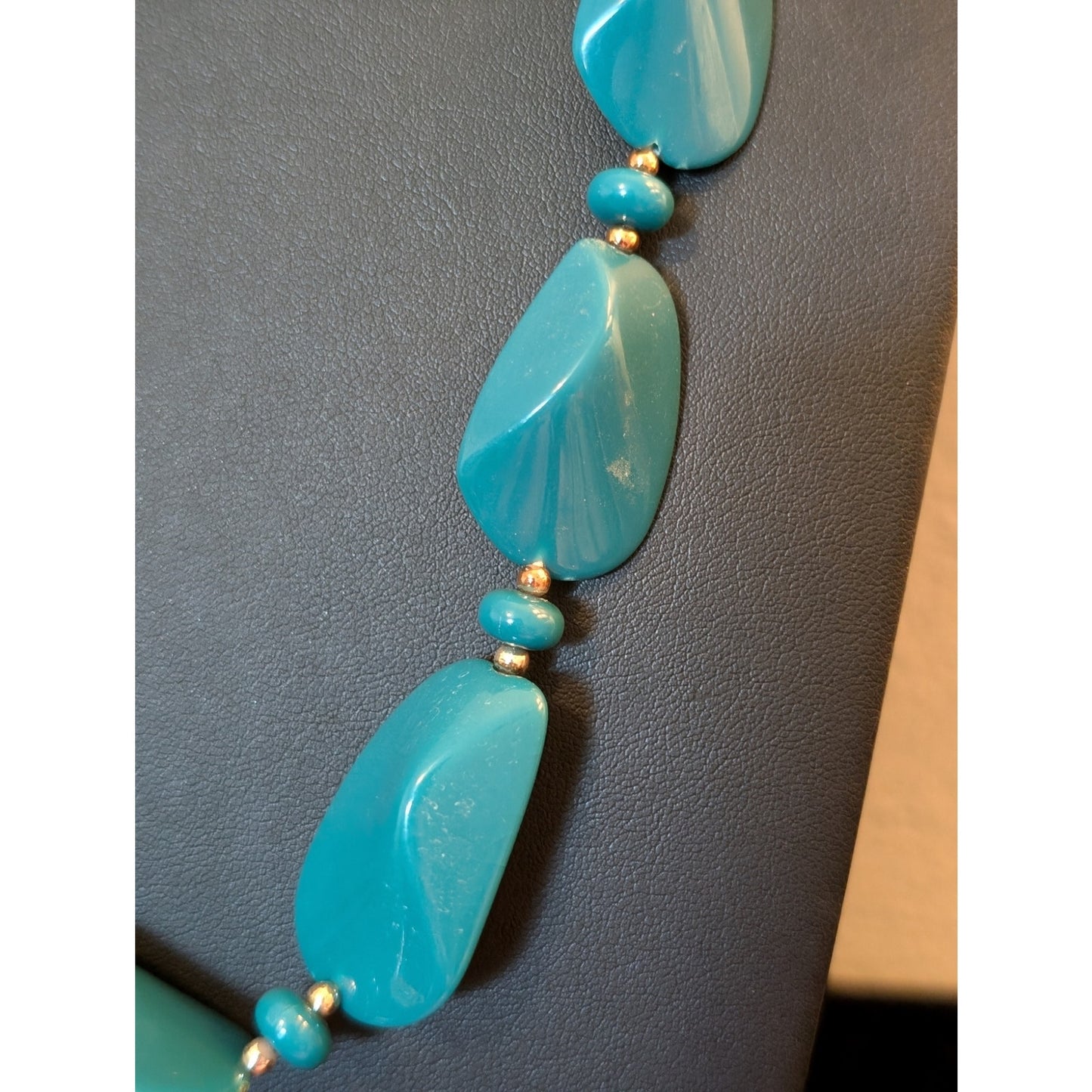 Vintage Teal Acrylic Bead Long Necklace W/ Fold Over Clasp