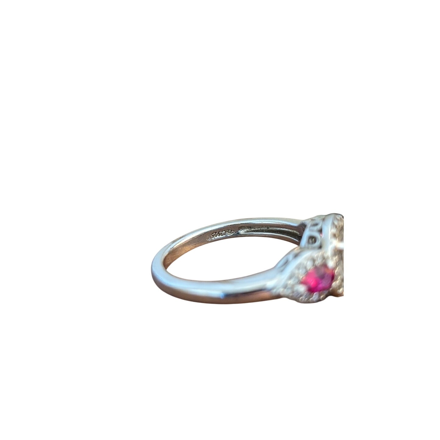 925 Large Round CZ & Lab-Created Ruby Trillion Accent Stone Engagement Ring Sz 8