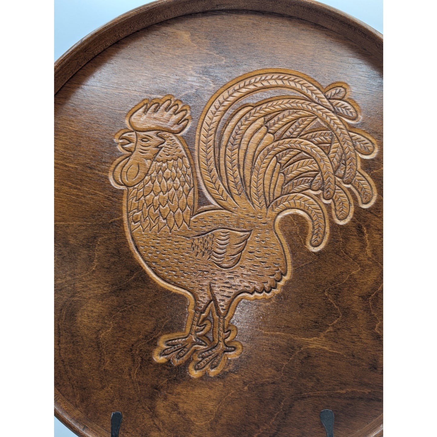 Vintage Carved Rooster Serving or Hanging 14.5" Round Tray W/ Sides