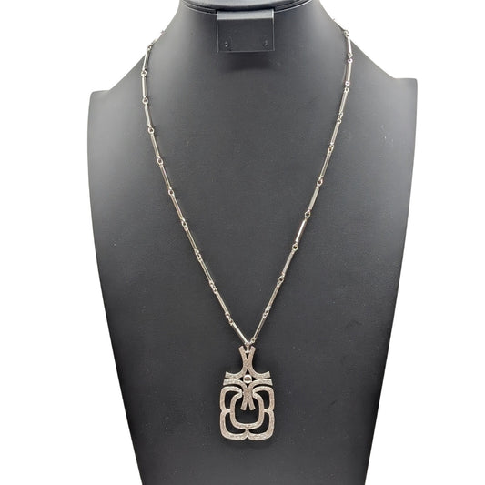 Vintage Avon Modernist Mayan Silver Tone 2.25" Pendant Rod Chain 24" Necklace