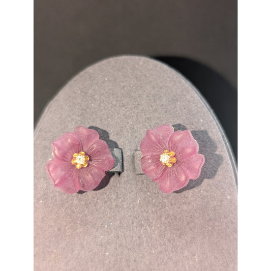 14k Vtg Tested Diamond Stud Earrings W/ Removable Purple Carved Flower Jacket