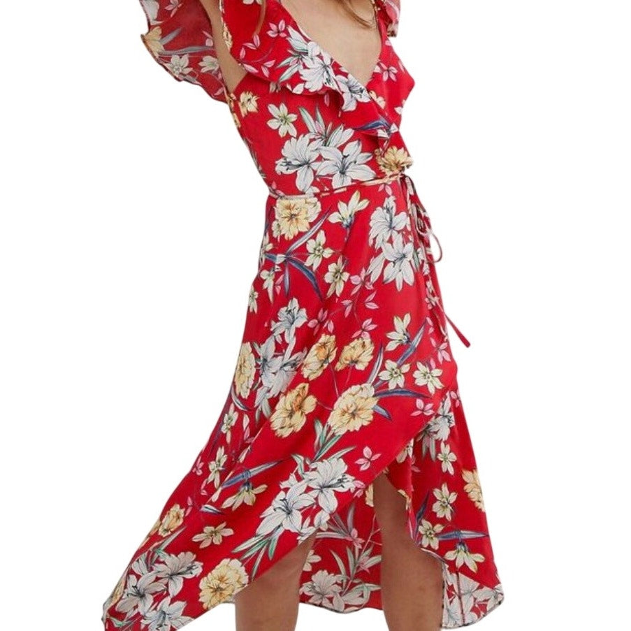 Bershka Red Floral Ruffle Cold Shoulder Wrap Dress Womens Sz M Runs Small