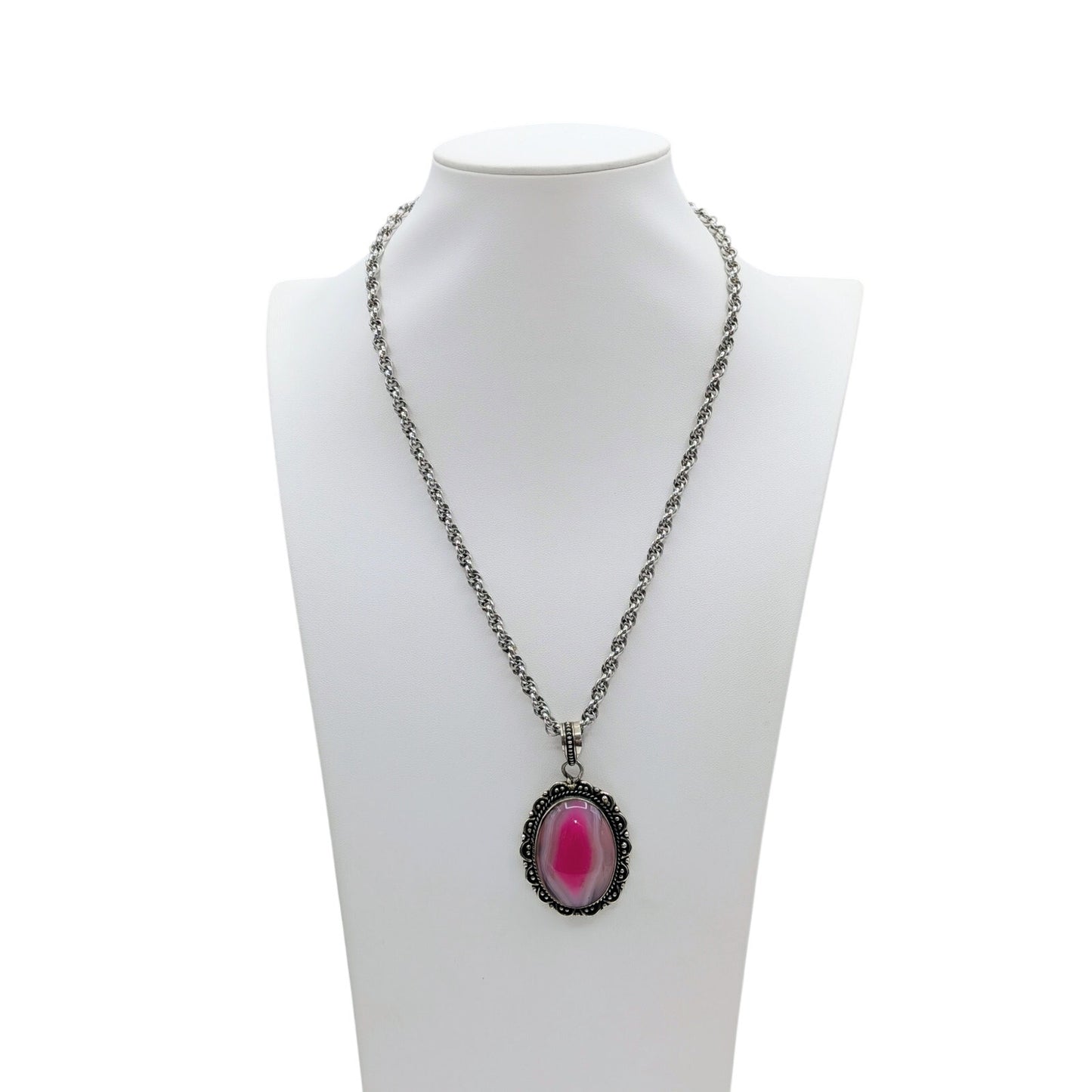 Vtg Pink Botswana Agate Oval Cabochon Silver Tone Pendant Rope Chain Necklace