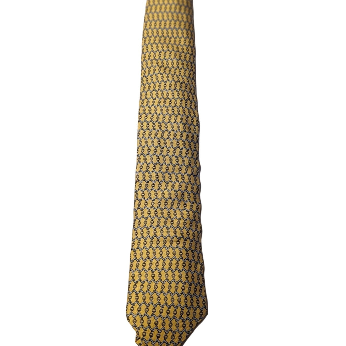 Hermes Paris Vintage 100% Silk Yellow Light Blue Chain Link Design Neck Tie
