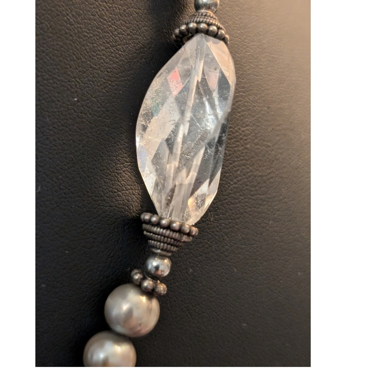 Vintage to Antique Sterling Silver Pearl Rock Quartz Abalone Shell Bead Necklace