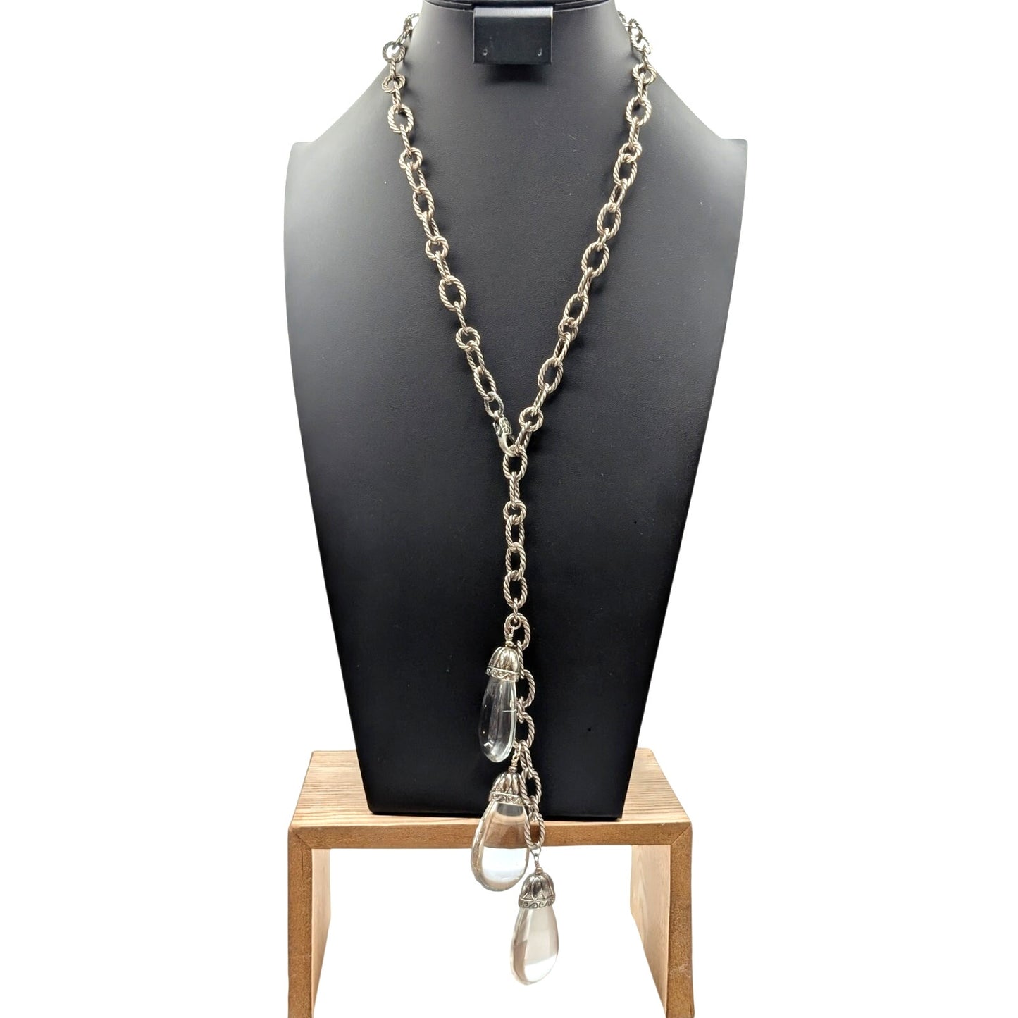 Vintage Long Silver Tone Chain Three Large Clear Lucite Fob Dangle Necklace