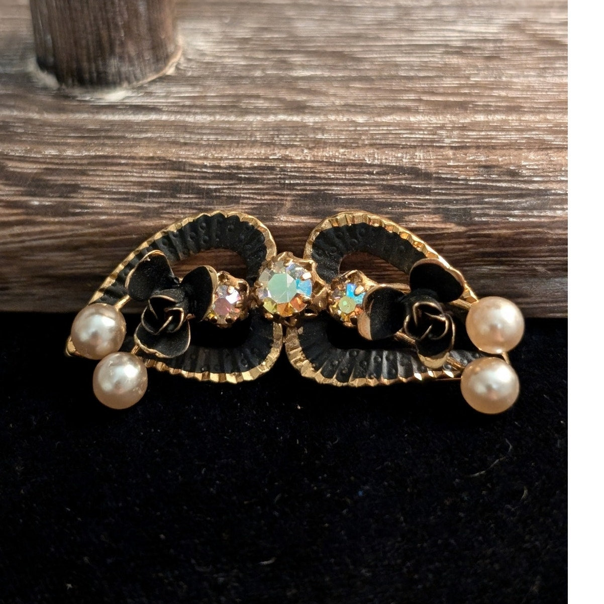 Vintage Austrian AB Crystal Pearl Gold Tone Black Enamel Painted Flower Brooch