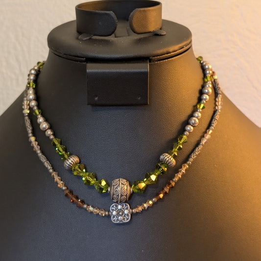 Two 925 Sterling Green Champagne Smoky Topaz Crystal Balinese Bead Necklaces