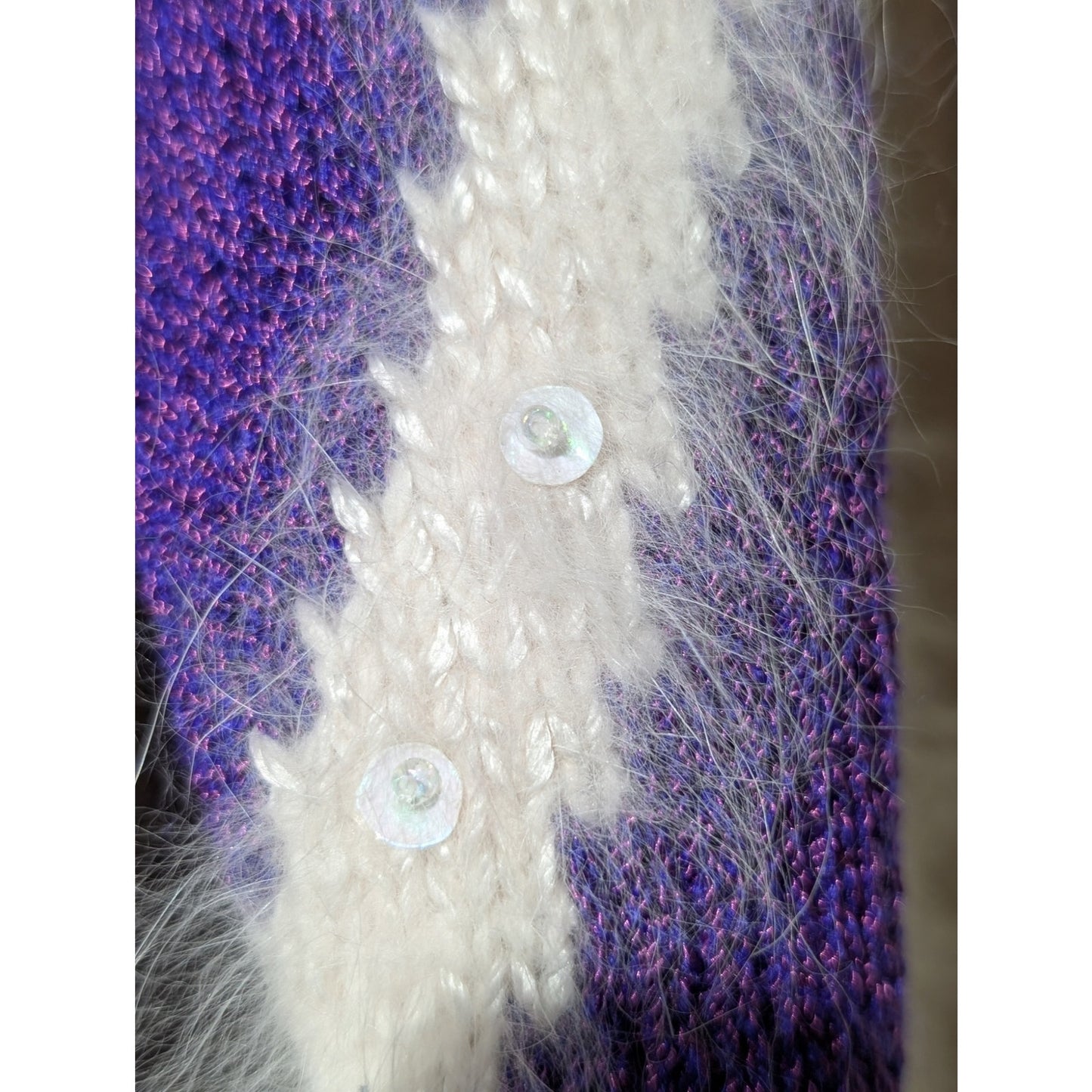 Vintage 80s Christine Purple Angora Bows Faux Pearls Sequin Sweater Women's M