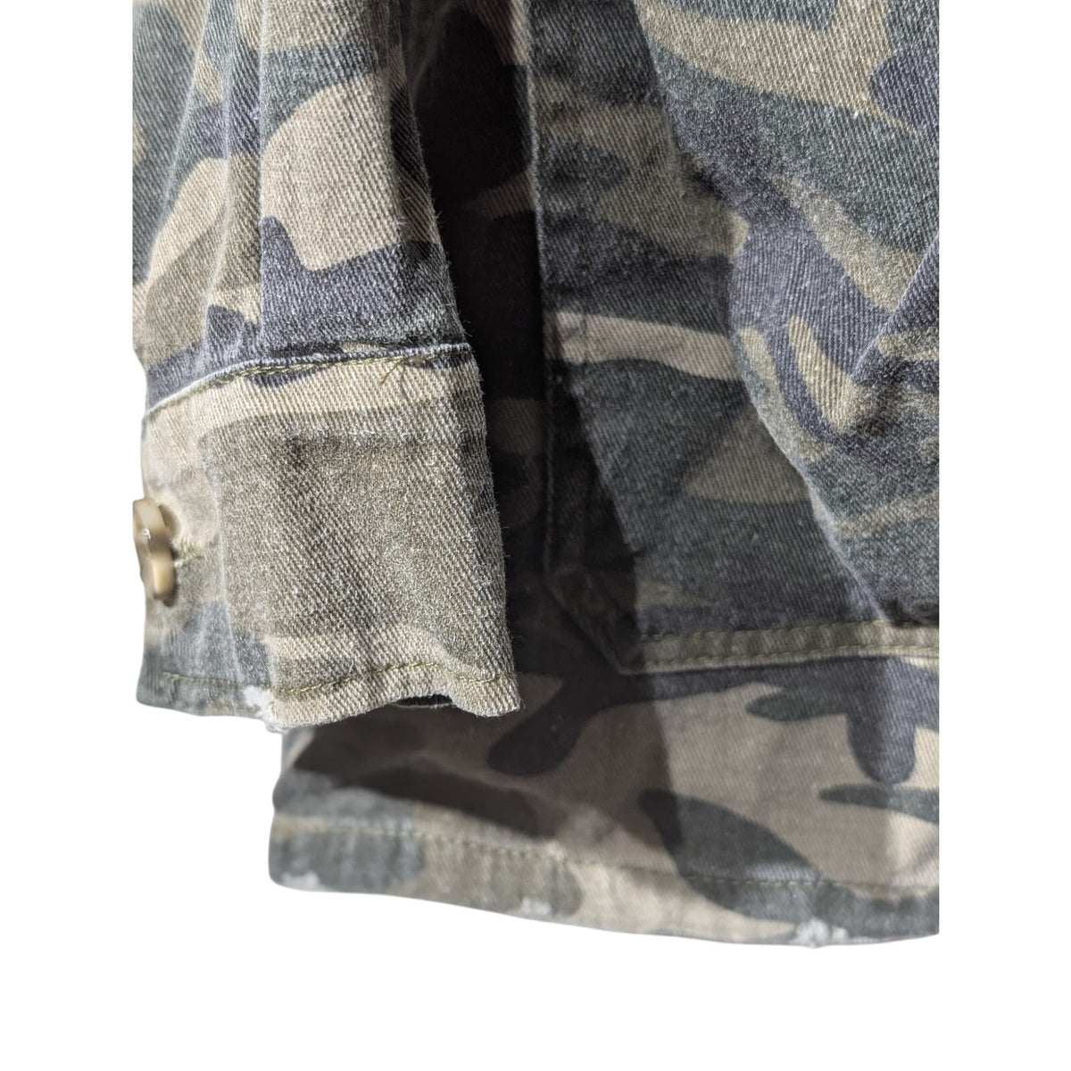Mystree Shabby Chic Camo Velvet Trim Distressed Button Front Jacket Sz S