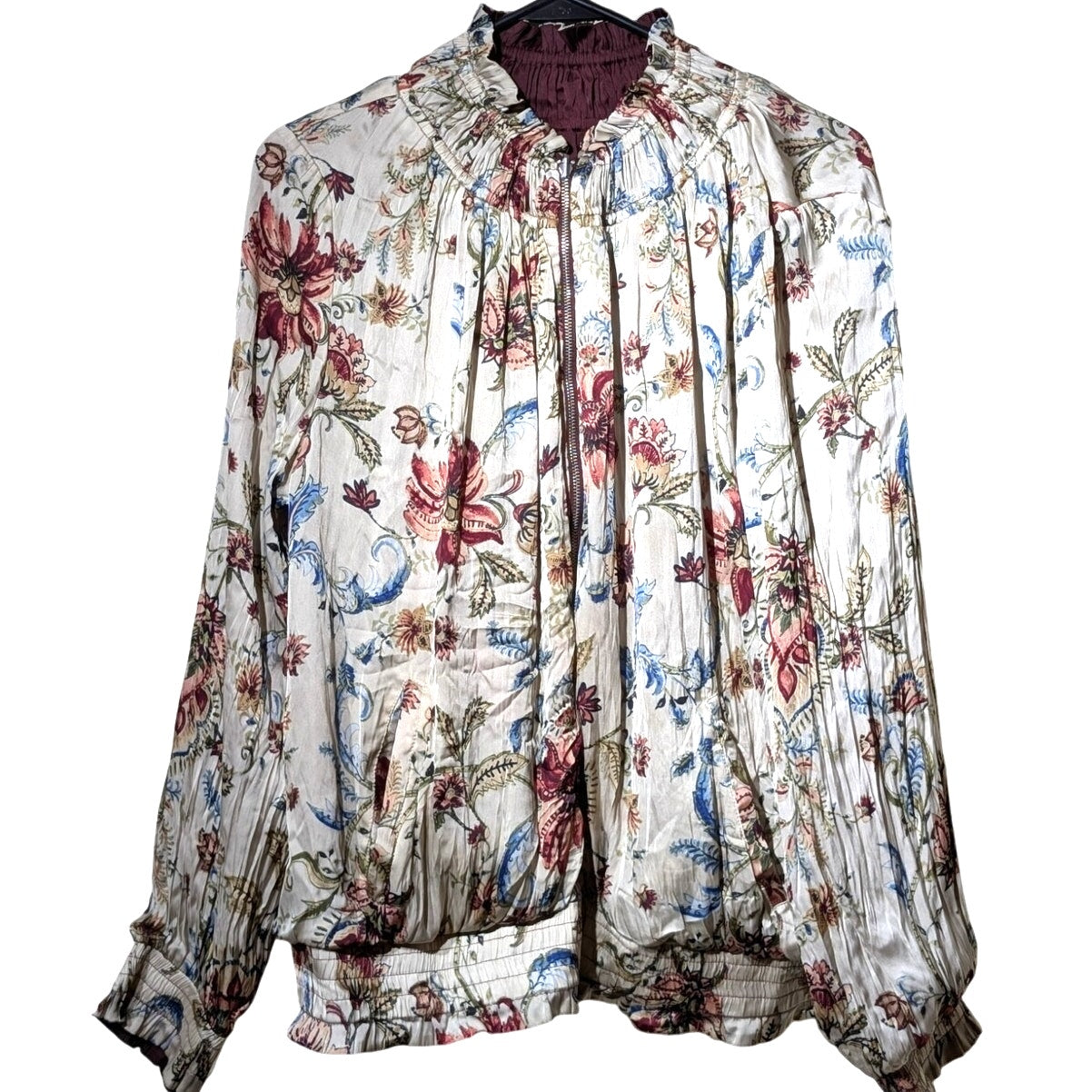 Chico's Reversible Bomber Chic Burgundy & Floral Ruched Ruffled Zip Jacket Sz 3