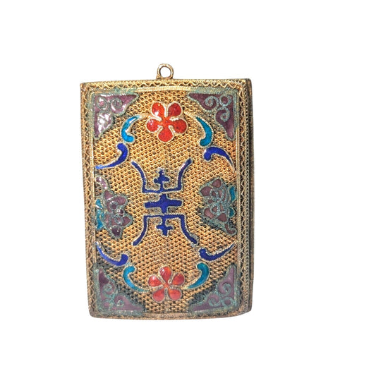 Antique Chinese Gold Tone Mesh Enamel Perfume Pendant Locket