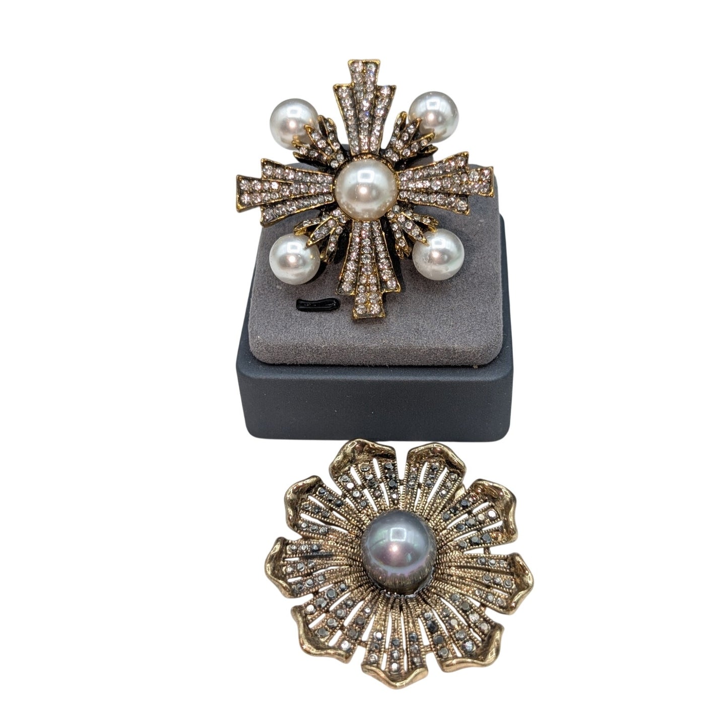 Lot of Two Antiqued Metal Faux Pearl Rhinestone Brooches