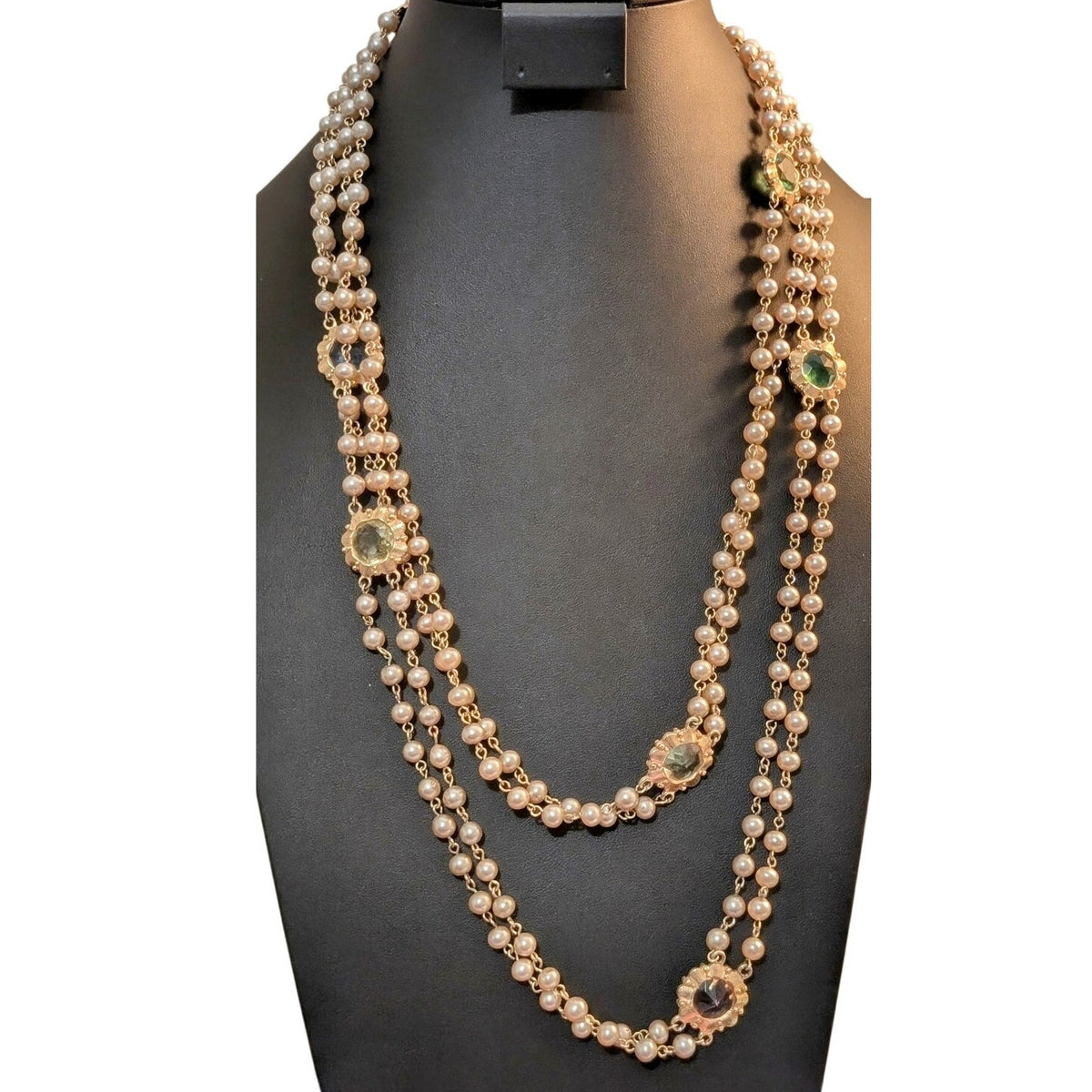 Vtg Multi-Strand Faux Pearl Colored Glass Medallion Designer Look 58" Necklace