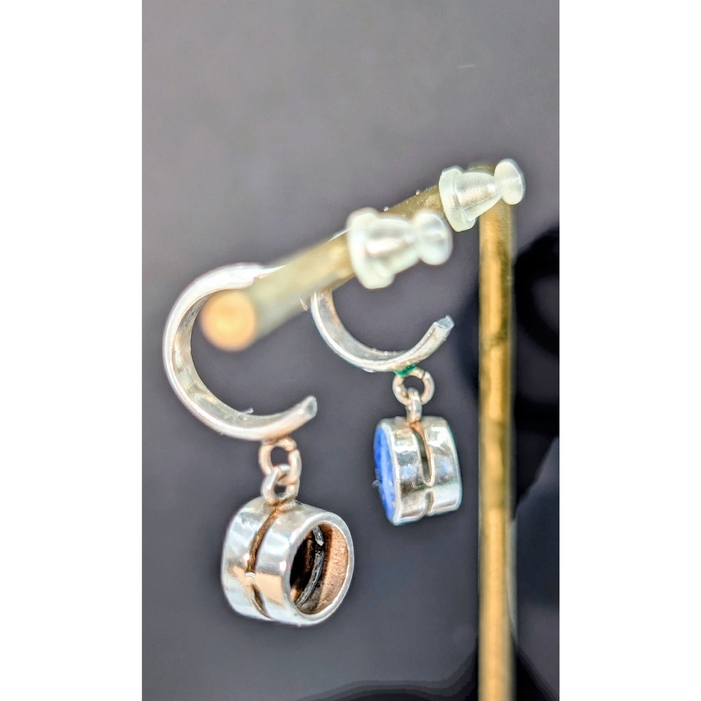 Vintage 925 Sterling Silver Lapis Lazuli Dangle Half Hoop Post Earrings